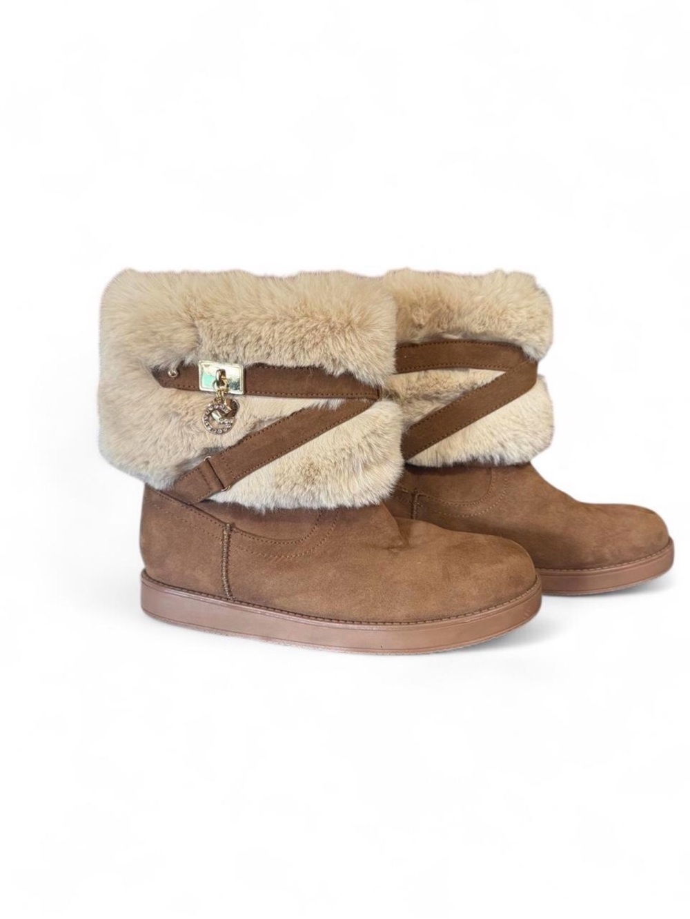 G by Guess Brown Suede Ankle Boots with Cream Faux-Fur Cuff